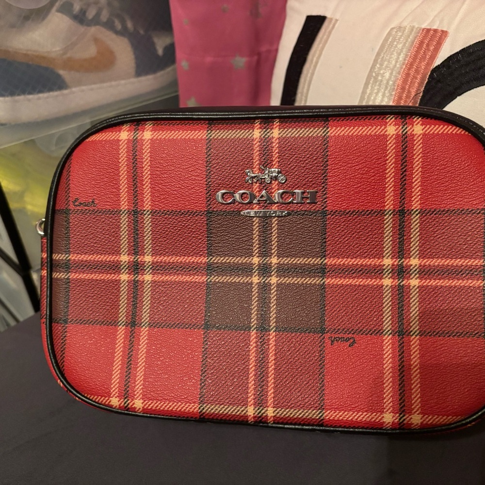 Coach Red and Brown Plaid Toiletry Bag